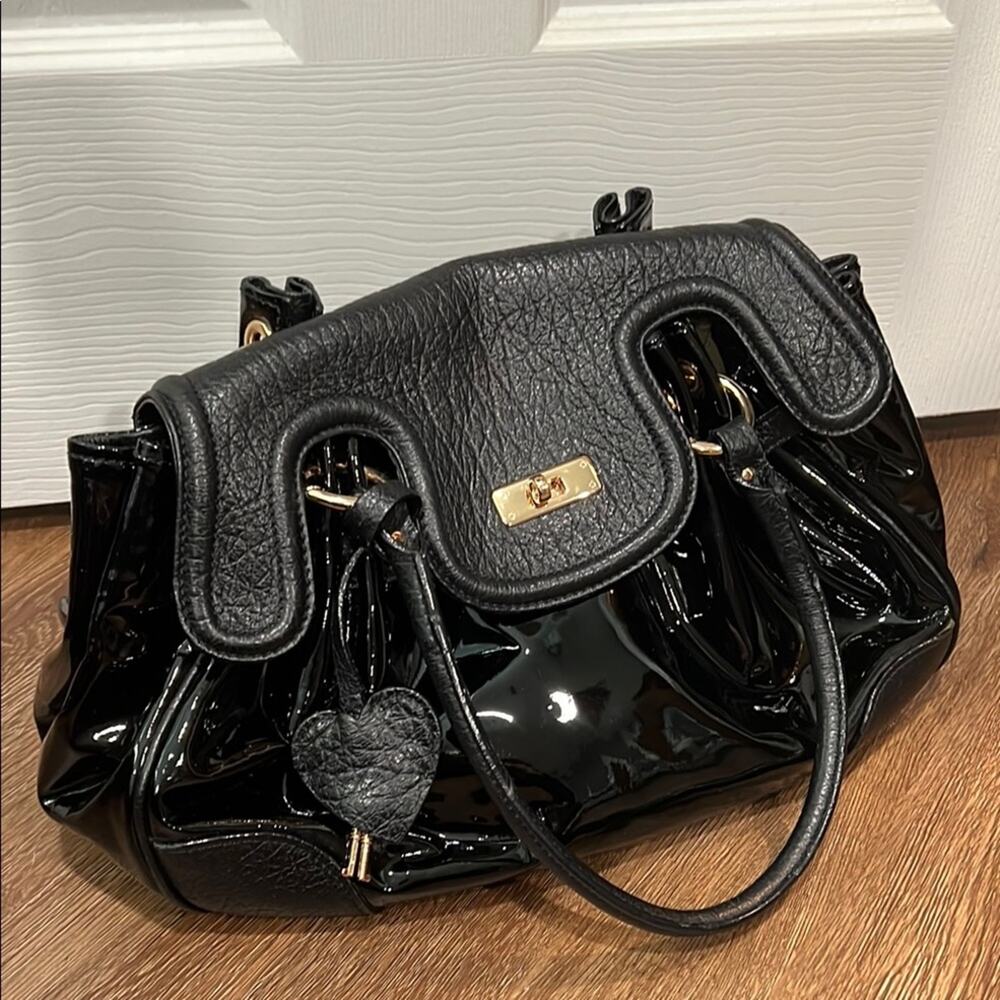 Moschino Black Satchel with Glossy Finish and Gold Hardware